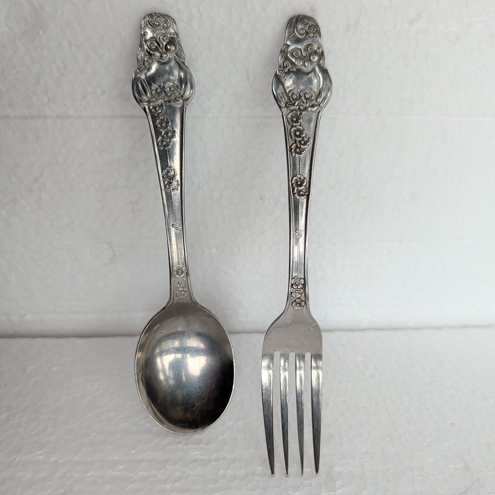 Vintage 1970s Japan Flower Girl Child Fork Spoon Set Youth Flatware Cute MCM